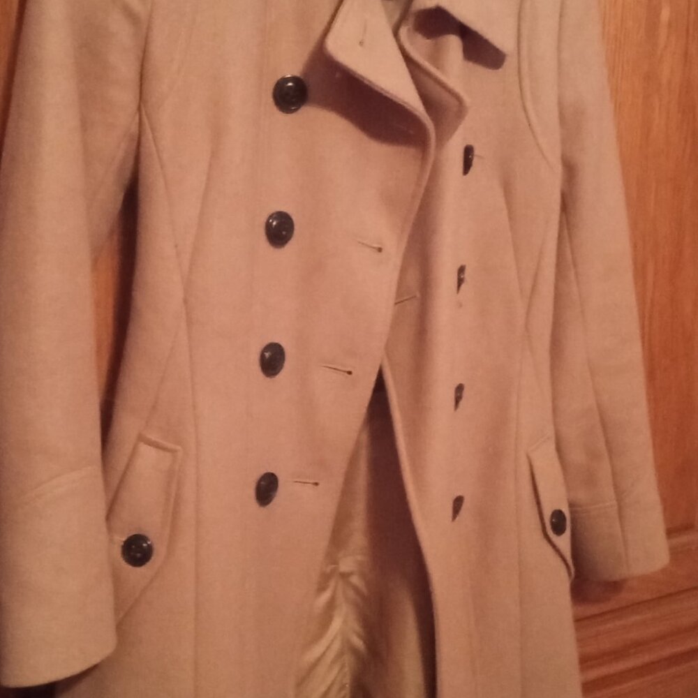 Camel colored dbl breasted women's coat by DKNY